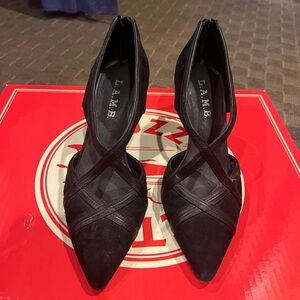 Black LAMB pointed toe heels